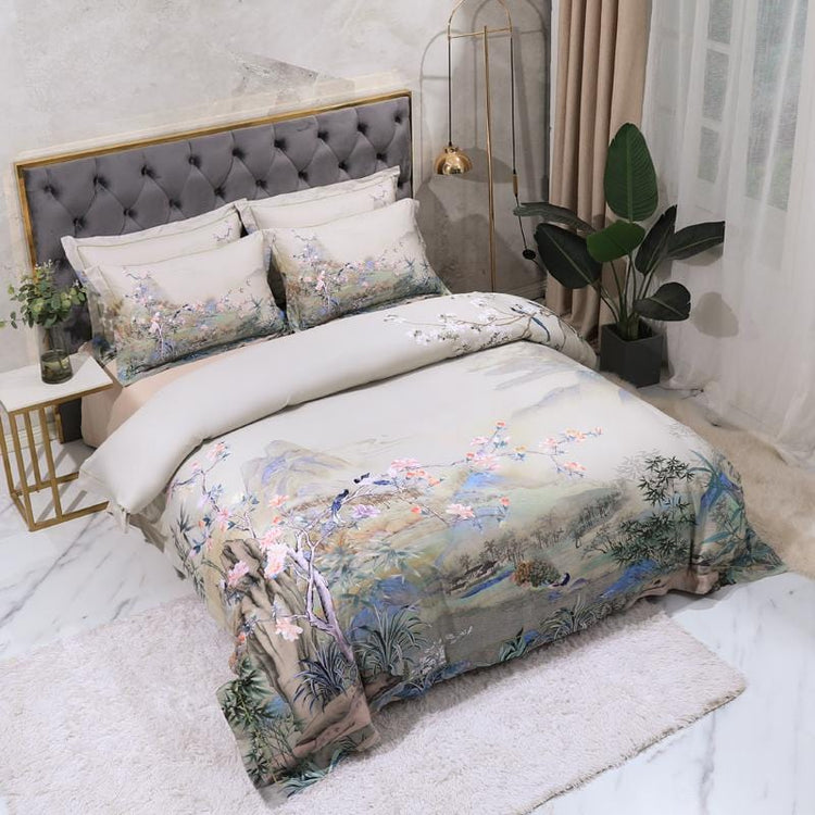 Faded Brown Fauna Print Egyptian Cotton Duvet Cover Set - 