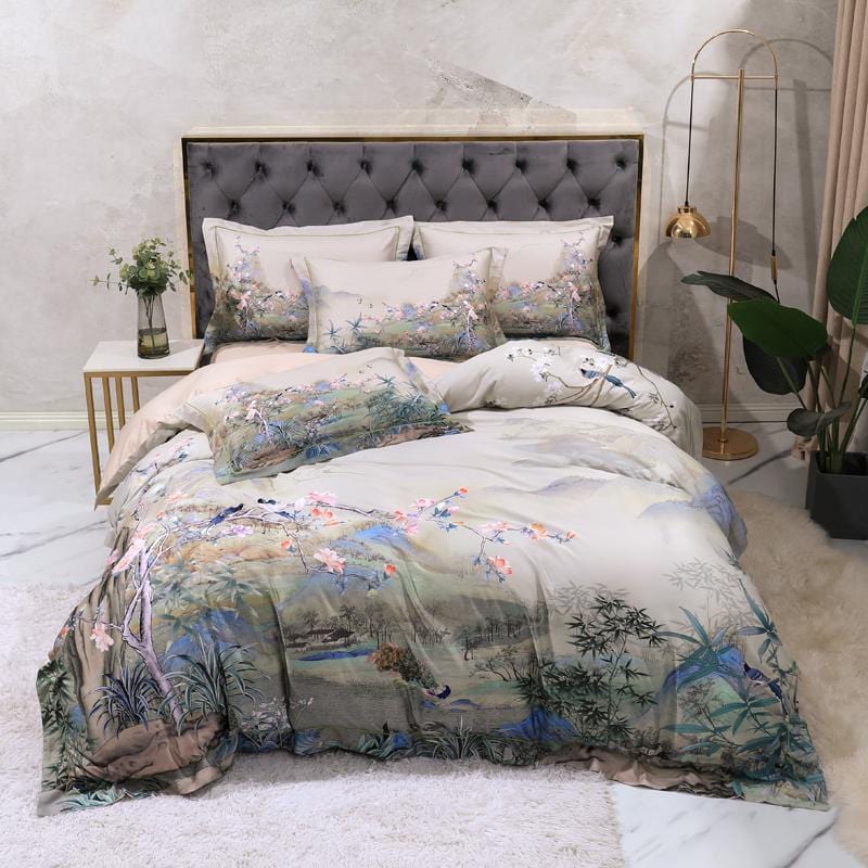Faded Brown Fauna Print Egyptian Cotton Duvet Cover Set - 