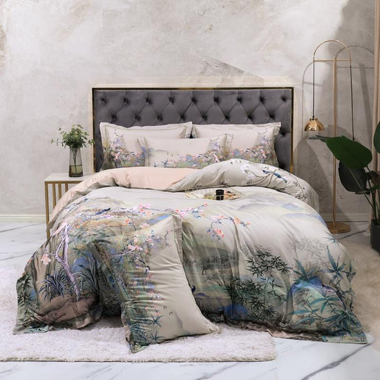 Faded Brown Fauna Print Egyptian Cotton Duvet Cover Set - 