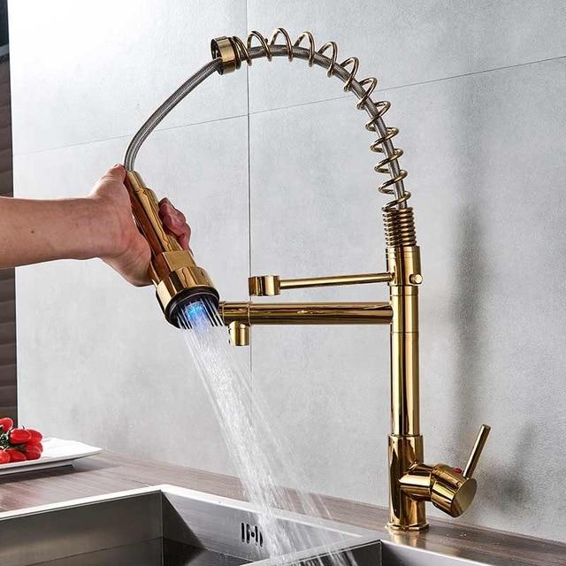 Futuristic LED Pull Out Kitchen Faucet - Gold - Faucet