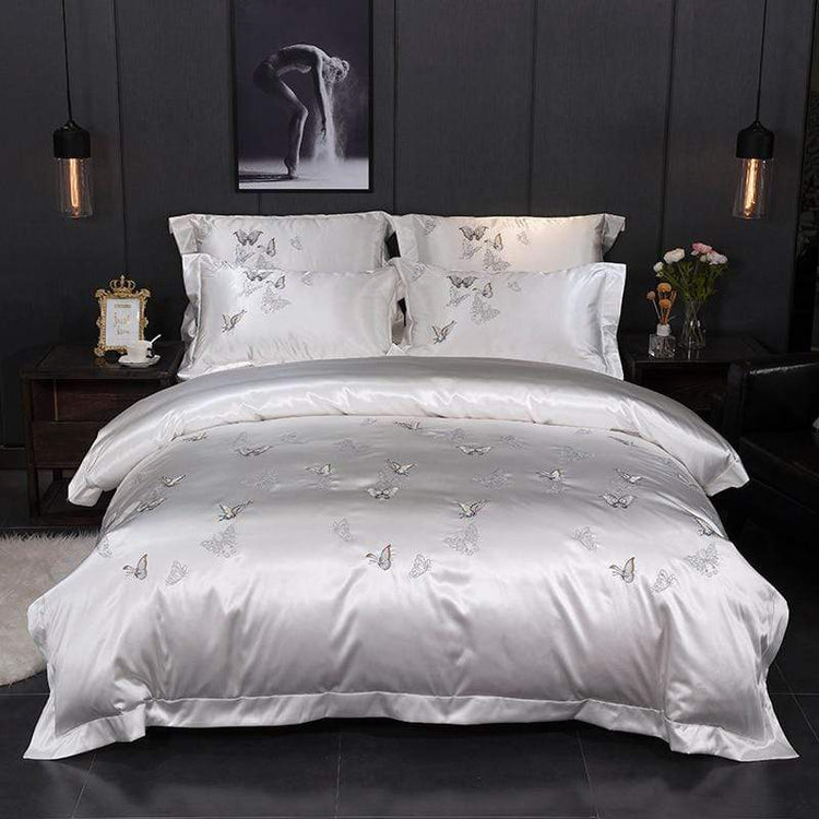 Gray Butterfly Print Silky Satin Duvet Cover Set - Duvet 