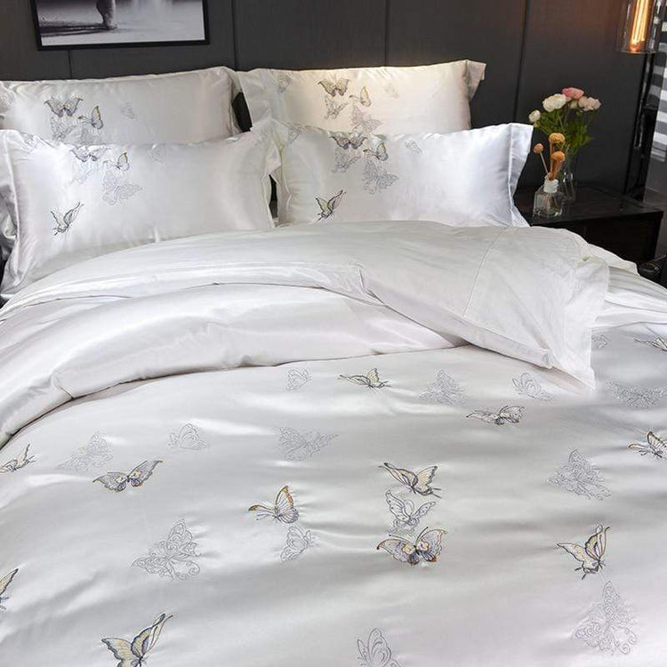 Gray Butterfly Print Silky Satin Duvet Cover Set - Duvet 