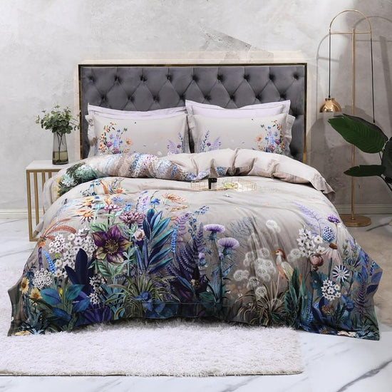 Gray Flora Fauna Egyptian Cotton Duvet Cover Set - Duvet 