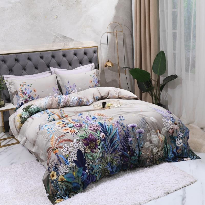 Gray Flora Fauna Egyptian Cotton Duvet Cover Set - Duvet 