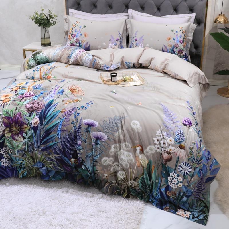 Gray Flora Fauna Egyptian Cotton Duvet Cover Set - Duvet 