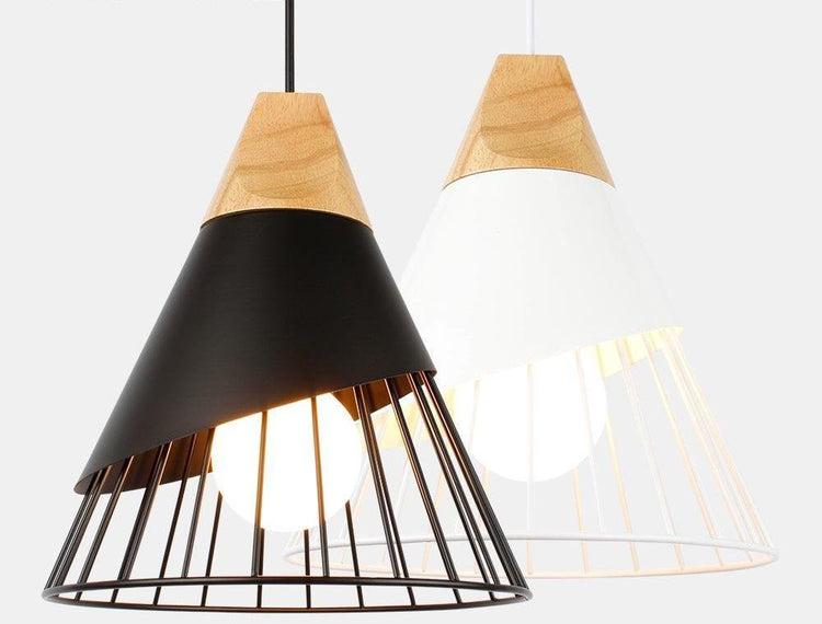 Metal Cage Wood Base Pendant Lamp - Pendant Lamp