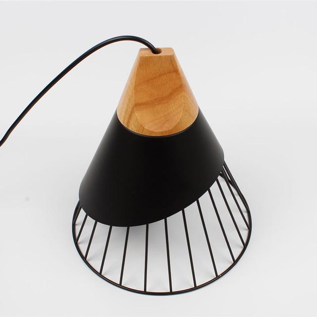 Metal Cage Wood Base Pendant Lamp - Black - Pendant Lamp
