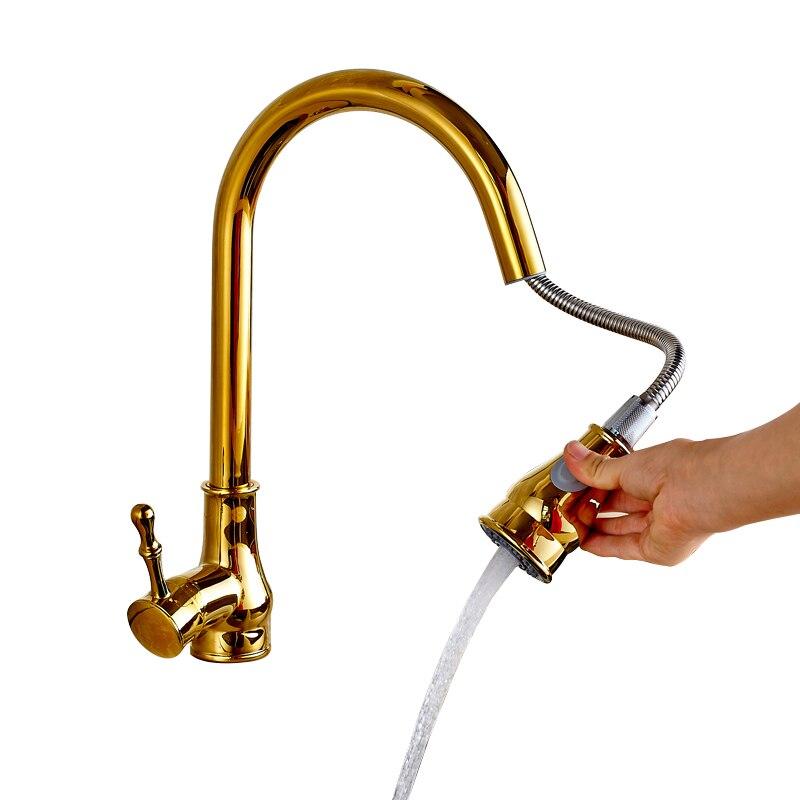 Minimal Matte Black Pull Out Kitchen Faucet - Golden - 