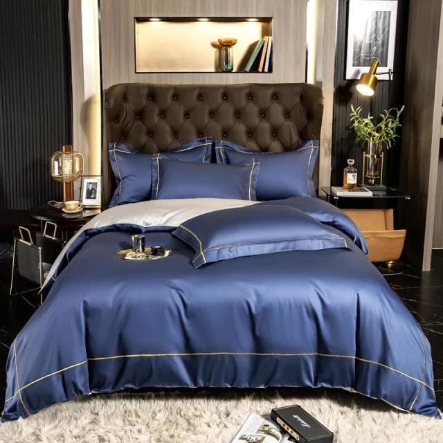 Pristine Gray Egyptian Cotton Duvet Cover Set - Queen / Navy