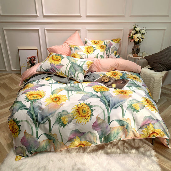 Sunflower Print Egyptian Cotton Duvet Cover Set - Duvet 