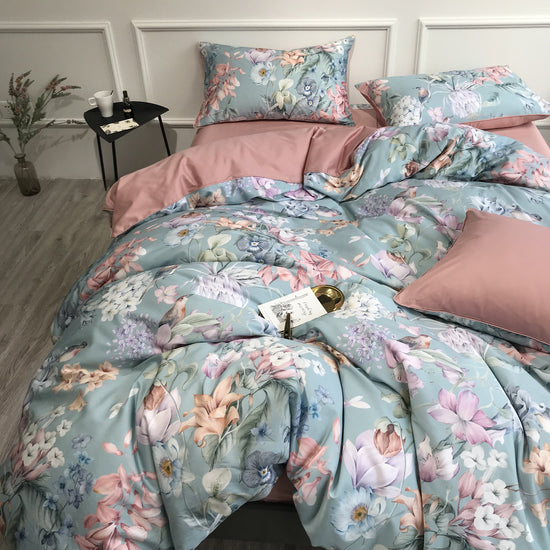 Teal Flora Egyptian Cotton Duvet Cover Set - Duvet Cover Set