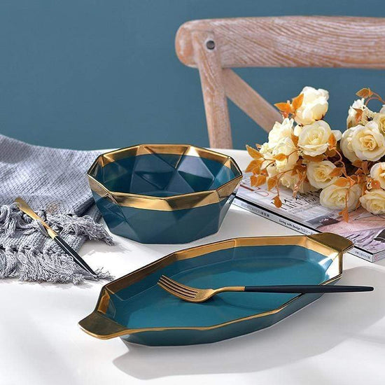 Teal Golden Border Luxury Dining Set - Bowl and Plate - 