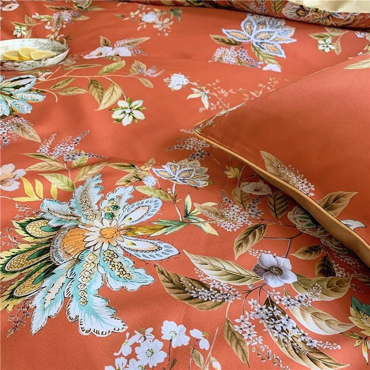Vibrant Flora Fauna Egyptian Cotton Duvet Cover Set - Duvet 