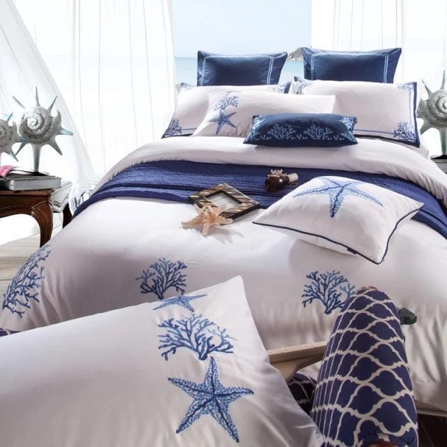 White and Blue Sea Coral Egyptian Cotton Duvet Cover Set - 