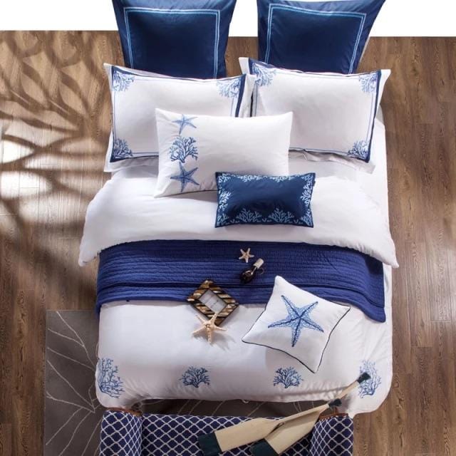 White and Blue Sea Coral Egyptian Cotton Duvet Cover Set - 