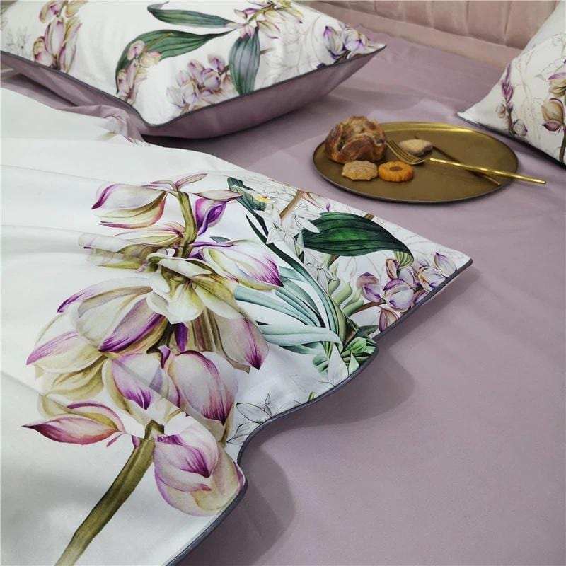 White Lavender Flora Fauna Egyptian Cotton Duvet Cover Set -