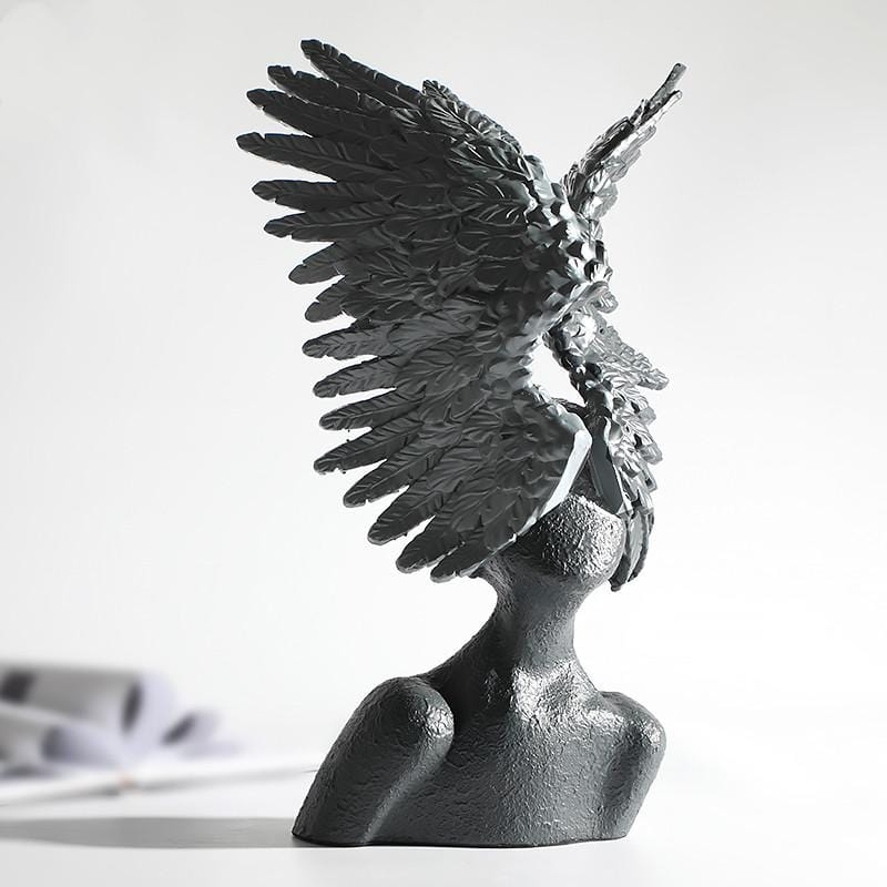 Wings of Angel Face Sculpture Art Piece - Black - Décor