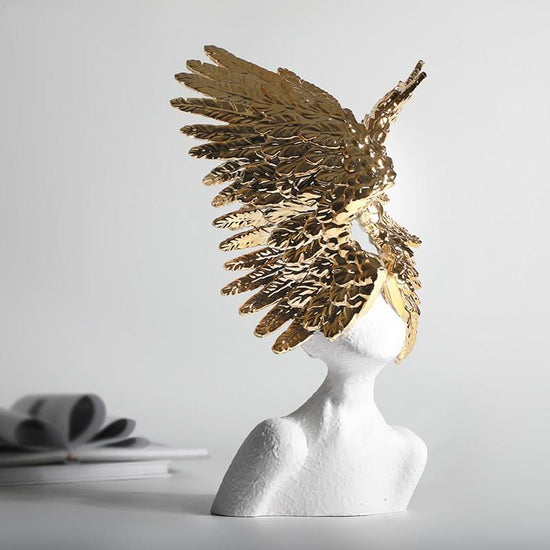 Wings of Angel Face Sculpture Art Piece - Gold + White - 