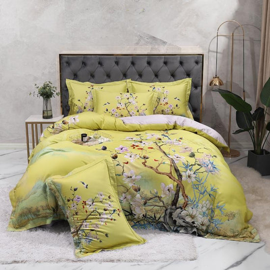 Yellow Nature Inspired Print Egyptian Cotton Duvet Cover Set